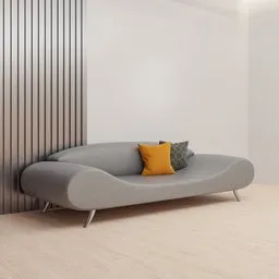 High-quality 3D render of a modern curved sofa with cushions, optimized for Blender modeling and interior visualization.