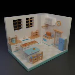 Detailed Blender 3D model of a kitchen cutaway with furnishings for animation.