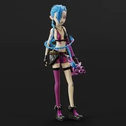 "Jinx Anime Style" - Fully Rigged 3D Model of the character Jinx from League of Legends. Ideal for Blender 3D software. Explore this detailed toy figure of a blue-haired woman wearing a punk outfit, resembling the popular snake assassin, as seen in Kingdom Hearts 3. Awarded on CGSociety and featured on AmiAmi, this 3D model is a vivid representation suitable for various creative projects.