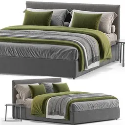 Detailed 3D model of a modern bed with green and gray bedding, created in Blender with high polygon count and realistic textures.