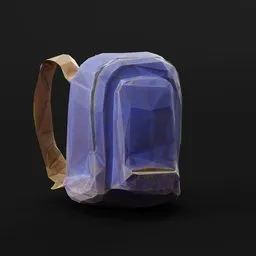 "Low poly back pack model with blue color and brown handle, perfect for Blender 3D projects. This old school bag is designed with faceted details and unshaded textures, ideal for indie game or animation design. Created using Bryce 3D with neat baerd finishing touches."