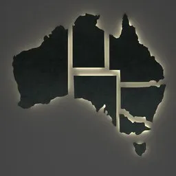 3D rendered metallic map of Australia for wall decor, designed in Blender with illuminated edges.