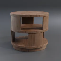 Realistic circular wooden 3D model end table with shelves, suitable for Blender renderings of interior designs.