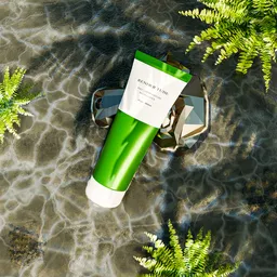 3D-rendered sunscreen tube on a beach with realistic water and plant details, Blender visualization.