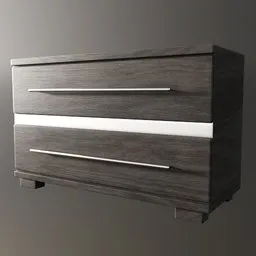 "A realistic 3D model of a wooden bedroom dresser with two drawers created using Blender 3D. The dresser features diode lighting and a grey metal body with bump mapping, perfect for use in product design renders or machinima projects. Created by 3D artist Nassos Daphnis."