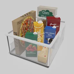 "Groceries 3D model for Blender 3D - A low-poly, well-rendered shopping cart filled with frozen pizza, milk, margarine, cereal, and various juice boxes. Perfect for kitchen scenes. Created by Dave Allsop for shopping and retail projects."