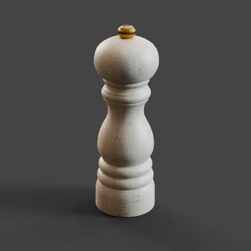 Highly detailed Blender 3D wooden pepper mill model with realistic textures and shadows, perfect for digital kitchens.