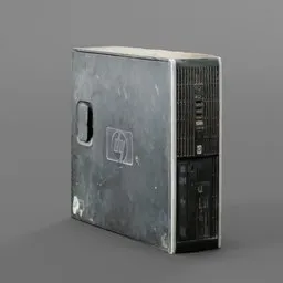 "Lowpoly 3D scanned model of a metal case computer on a gray surface, perfect for Blender 3D. Inspired by dayz, artforum aesthetic and cybertruck design. Reduced to 15K for optimal performance.".