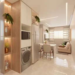 Compact 3D-rendered apartment interior with integrated laundry area, modern furniture, and plant decor.