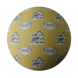 High-quality PBR yellow fabric texture with house sketch pattern for 3D rendering in Blender, including detailed maps for realism.