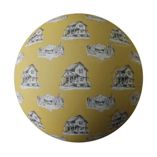 High-quality PBR yellow fabric texture with house sketch pattern for 3D rendering in Blender, including detailed maps for realism.