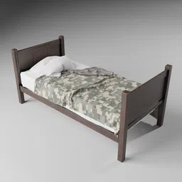 3D rendered single bed model with textured bedding for Blender visualization and CG projects.