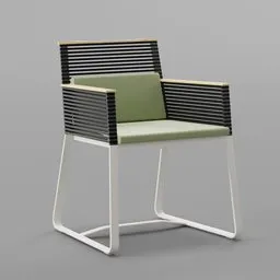 Highly detailed Blender 3D model of a modern armchair with metal frame and green cushioning.