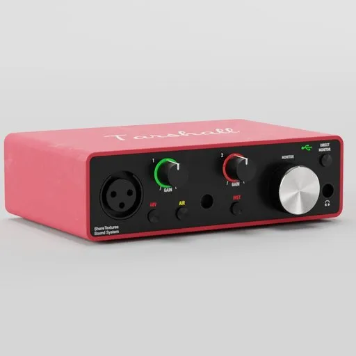 Highly detailed Blender 3D model of a red sound card with realistic connectors and dials.