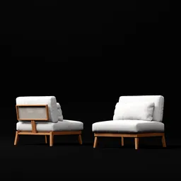 Realistic white cushioned chair 3D model with wooden legs designed for Blender rendering.
