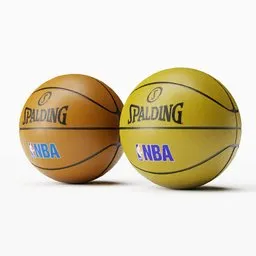 "Highly realistic and detailed 3D model of two basketball balls with metallic bronze skin and logos, perfect for Blender 3D. This product image showcases the basketballs sitting side by side, offering a product view for enhanced visualization. Enhance your Blender 3D projects with this top-quality sports-themed asset."