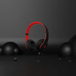 Red and black headphones 3D model with dark, moody backdrop for product visualization in Blender.