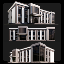 "Modern Office Building 3D model designed by M3D for Blender 3D - featuring a gray roof and isometric voxel art. Mad Men and Oswald Birley inspired with intricate detailing and an endless, empty office building. Monochrome and stylish, perfect for various subjects and in line with the Berlin Secession and American School."