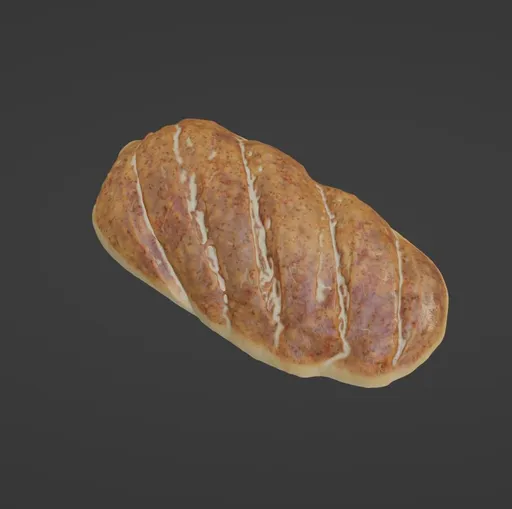 Realistic 3D model of a loaf of bread with detailed textures, suitable for Blender rendering.
