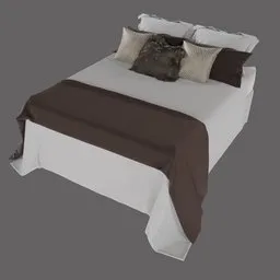 "Small double bed 3D model for Blender 3D - Featuring realistic cloth physics and Camelot-inspired subdued colors, this bed comes with brown and white covers and pillows. Ideal for adding a cozy touch to any scene."