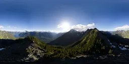 Mountains and forest under a setting sun for 3D scene lighting, BC, Canada.