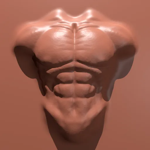 3D sculpting brush effect for torso anatomy, showing detailed pectoral and abdominal muscle definition on model.