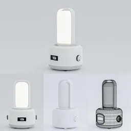3D rendered minimalist lamp with integrated alarm/speaker, displayed in various views for Blender 3D modeling.