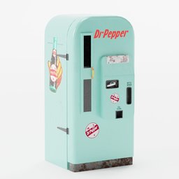 "Vintage Dr. Pepper vending machine 3D model for Blender 3D - post war style with stickers inspired by Charles Fremont Conner. Un-textured, computer generated, perfect for restaurant and bar scenes in 2070s themed projects such as cp2077. Also available as a Telegram sticker."