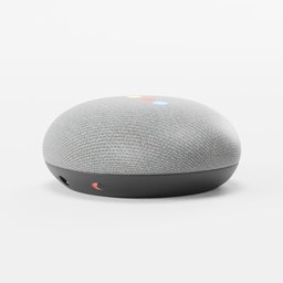 Highly detailed 3D rendering of a voice-controlled smart speaker with a textured fabric top on a clean background.