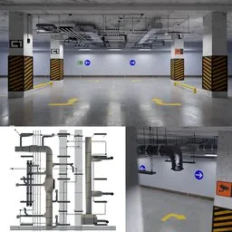 Highly detailed 3D model of an underground parking garage scene with pipes and signage.