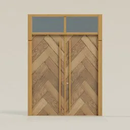 Detailed wooden 3D model door with blue glass panels for Blender rendering and architectural visualization.