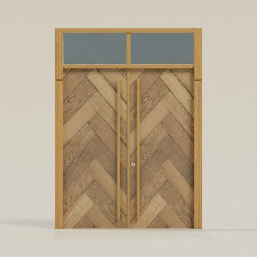 Detailed wooden 3D model door with blue glass panels for Blender rendering and architectural visualization.