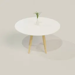 3D-rendered modern round table with wooden legs and small plant centerpiece, created in Blender.