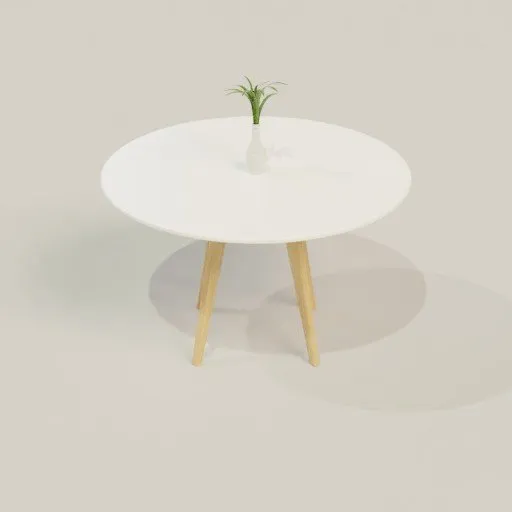 3D-rendered modern round table with wooden legs and small plant centerpiece, created in Blender.