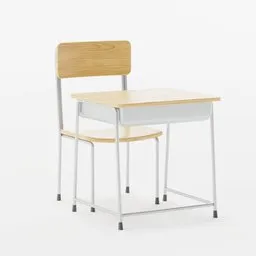 "Japanese anime-inspired 3D model of a classroom chair for Blender 3D. Featuring a vintage design with a white lacquer and steel finish, this chair is perfect for your school-themed 3D renders."
