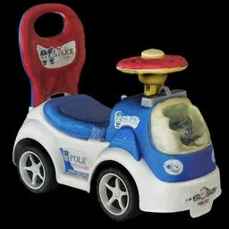 Highly detailed 3D model of a child's blue and white ride-on police toy car with steering wheel.