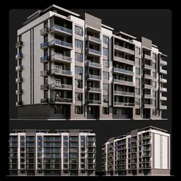 3D Blender model of a modern 7+1 story apartment building with distinct floor designs and a sleek white facade.