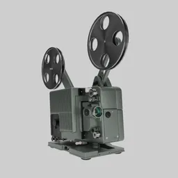 "Vintage movie projector 3D model - perfect for Blender 3D creations. Detailed design featuring a camera attachment and British Pathe Archive reference. Ideal for recreating the look and feel of old cinema projectors."