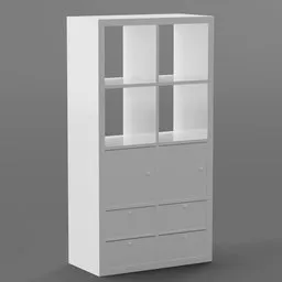 Detailed 3D model of a modern white cabinet with drawers and shelves, compatible with Blender 3D software.