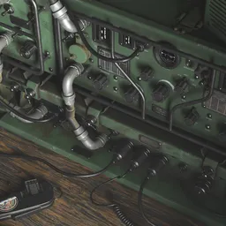 "Green machine with pipes and wires on a table, highly detailed texture render, inspired by Samuel F. B. Morse, realistic 3D model for Blender 3D."