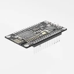 Realistic ESP12F NodeMCU 3D render, ideal for Blender 3D projects, showcasing detailed circuitry and pins.