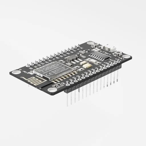 Realistic ESP12F NodeMCU 3D render, ideal for Blender 3D projects, showcasing detailed circuitry and pins.