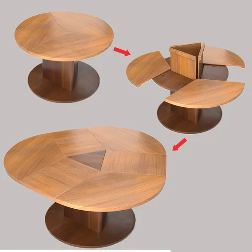 Rigged wooden 3D model of an extendable mid-century table showing animation frames in Blender.