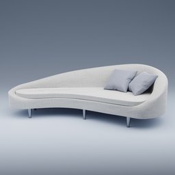 "Modern Chaise Longue Sofa - Blender 3D Model: A close up of a cycladic-styled, sculptural sofa with a curved design and pillows. Created by Quentin Mabille, this slender and symmetrical sofa adds elegance to any scene. Perfect for Blender 3D enthusiasts seeking a contemporary 3D model."