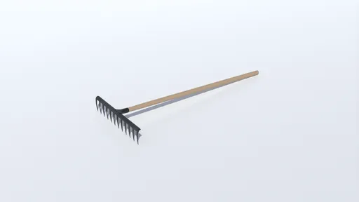 High-detail 3D model of a garden rake, compatible with Blender for animation and rendering.