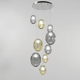"Schuller Ovila 752367D modern ceiling lamp 86x230cm - Blender 3D model. Featuring a unique design with gold and silver highlights, cascading orbs and volumetric lighting. Ultra-detailed 16k with a grey metal body, perfect for any modern interior."