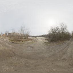 360-degree panoramic HDR of a desolate industrial landscape with diffuse sunlight for realistic lighting in 3D scenes.