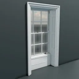 "Low-poly Sash Window model for Blender 3D. Detailed inside and outside framing included. Rendered in Maya 4D, this 3D model by Mary Beale showcases an aristocratic window with a beautiful, zinc white finish."