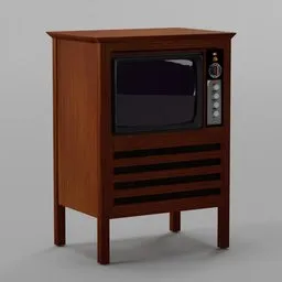 "Antique TV set", a monochrome 3D model, made in Blender 3D. This vintage television, made by Panasonic (National), sits atop a small wooden cabinet and features thin glowing devices. Perfect for adding a touch of old-school charm to any bedroom.