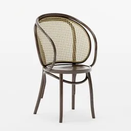 High-quality 3D model of a caned wooden armchair with elegant curves, suitable for Blender rendering.